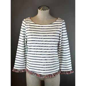 Boston Proper Rainbow Fringe Striped Top in Ivory/Blue Size S